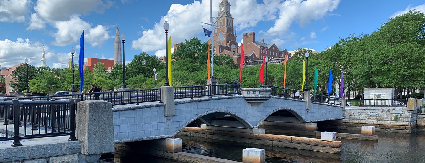 bridge in Providence with rainbow flags
